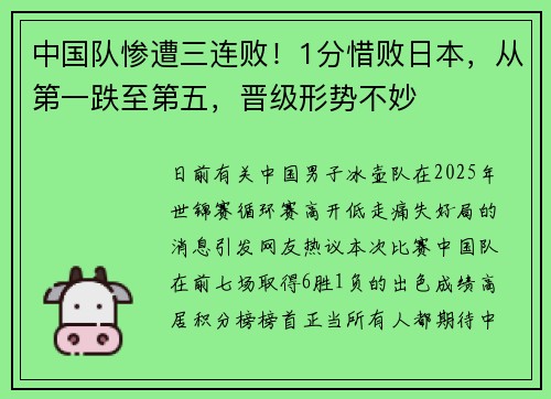 中国队惨遭三连败！1分惜败日本，从第一跌至第五，晋级形势不妙